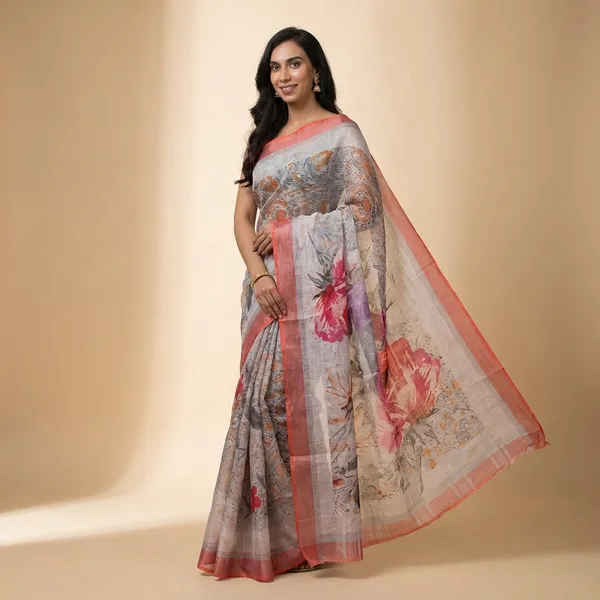 Printed_Organza_Saree_With_Floral_Design_And_Pink_Border