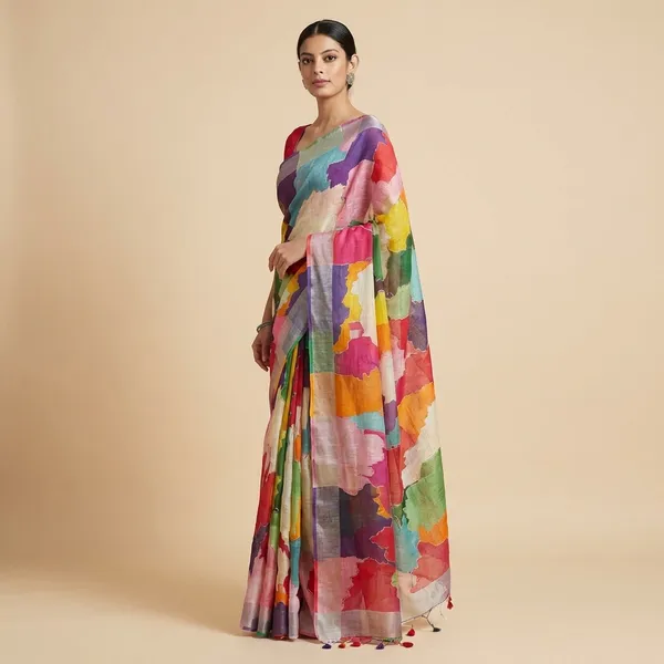 Abstract_Multicolor_Hand-Painted_Saree_With_Vibrant_Brush_Stroke_Design