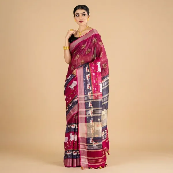 Elegant_Handloom_Silk_Saree_With_Golden_Motifs_And_Contrast_Border