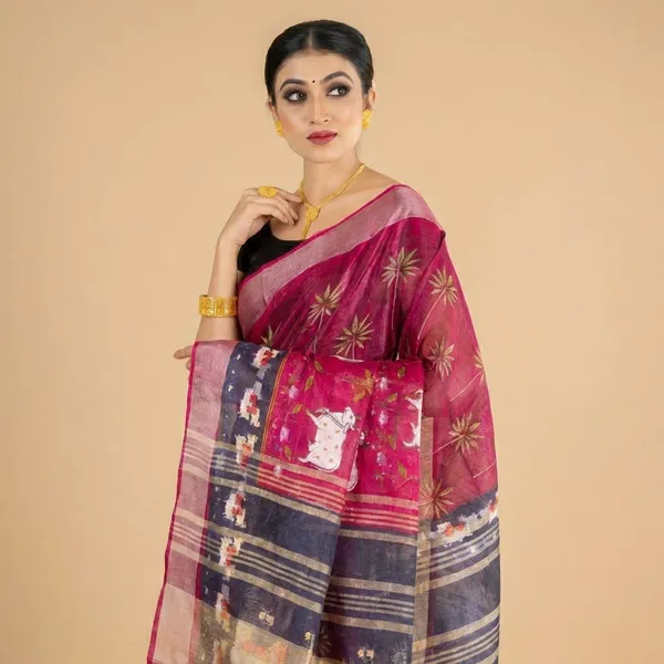 Elegant_Handloom_Silk_Saree_With_Golden_Motifs_And_Contrast_Border