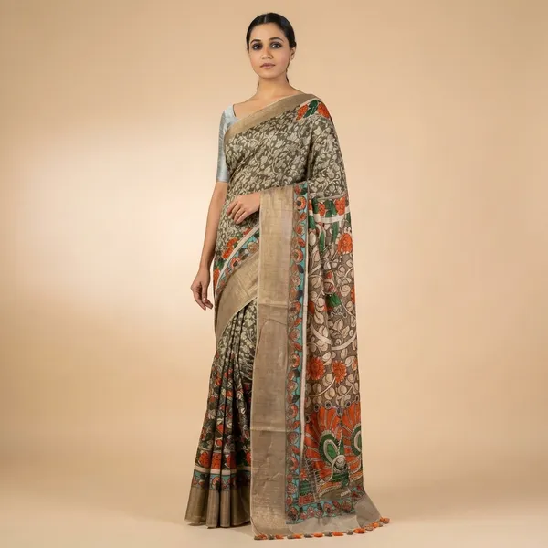 Kalamkari_Printed_Saree_With_Silver_Blouse_And_Decorative_Border