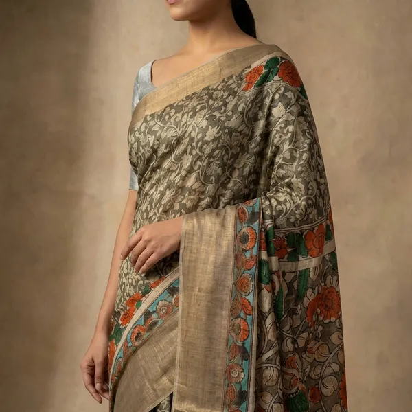 Kalamkari_Printed_Saree_With_Silver_Blouse_And_Decorative_Border