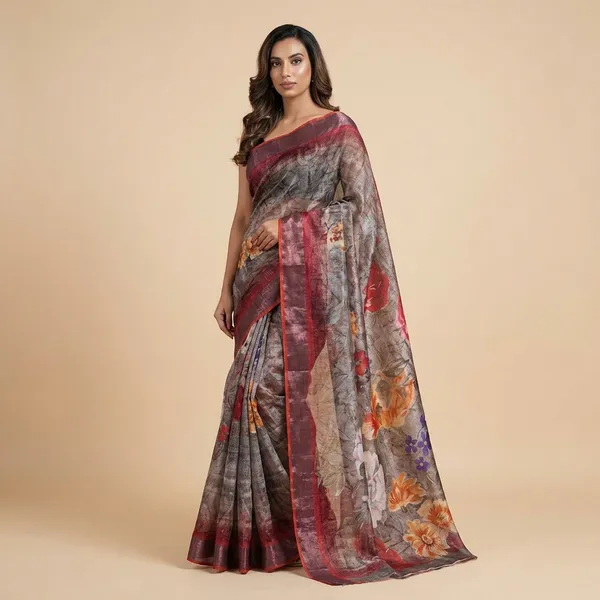 Designer_Printed_Linen_Saree_With_Floral_Motifs_-_Grey_With_Maroon_Border