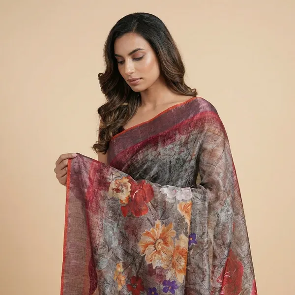 Designer_Printed_Linen_Saree_With_Floral_Motifs_-_Grey_With_Maroon_Border