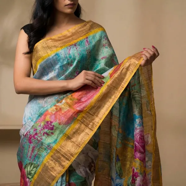 Floral_Print_Saree_With_Golden_Border_-_Turquoise_Blue_And_Mustard_Yellow