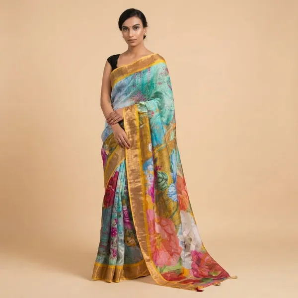 Floral_Print_Saree_With_Golden_Border_-_Turquoise_Blue_And_Mustard_Yellow