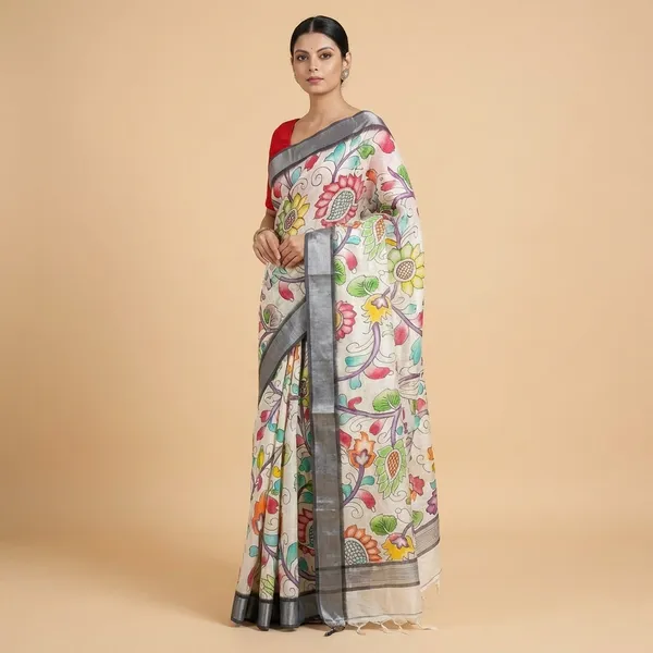 Hand-Painted_Floral_Kantha_Silk_Saree_With_Grey_Border