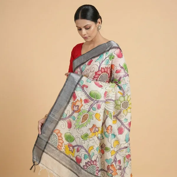 Hand-Painted_Floral_Kantha_Silk_Saree_With_Grey_Border