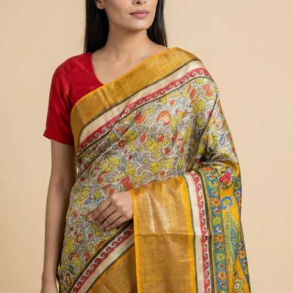 Traditional_Madhubani_Printed_Silk_Saree_With_Golden_Border