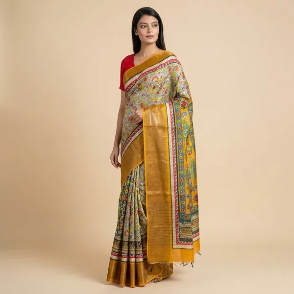 Traditional_Madhubani_Printed_Silk_Saree_With_Golden_Border