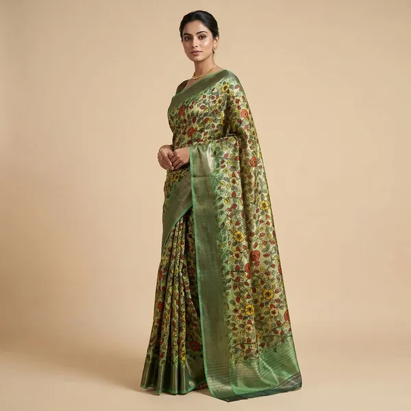 Green_Kalamkari_Printed_Silk_Saree_With_Floral_Motifs