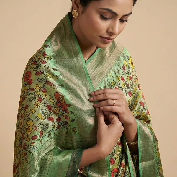 Green_Kalamkari_Printed_Silk_Saree_With_Floral_Motifs