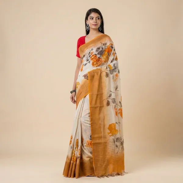 Elegant_Floral_Print_Saree_With_Contrast_Border_And_Red_Blouse