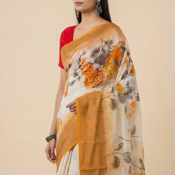 Elegant_Floral_Print_Saree_With_Contrast_Border_And_Red_Blouse