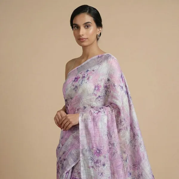 Elegant_Floral_Print_Linen_Saree_In_Lavender_And_White