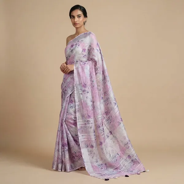 Elegant_Floral_Print_Linen_Saree_In_Lavender_And_White
