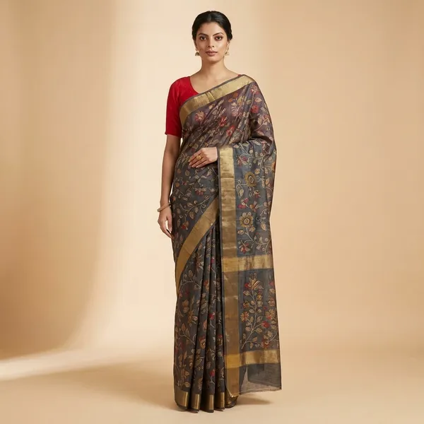 Elegant_Brown_Silk_Saree_With_Printed_Border_And_Red_Blouse