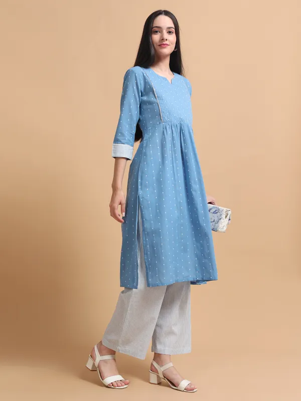 Blue_Dobby_Cotton_Kurta_With_Pintuck_Detailing_And_White_Striped_Pants_Set_For_Women