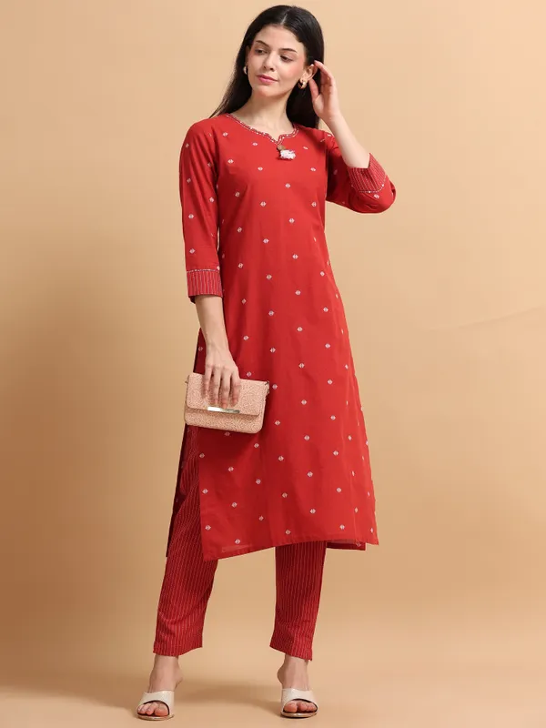 Red_Cotton_Kurti_With_Striped_Pants_Set_For_Women