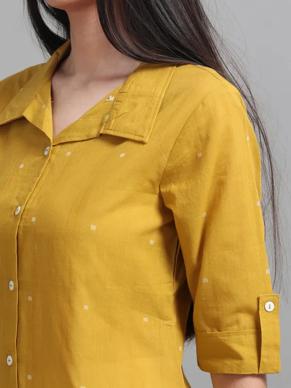 Mustard_Yellow_Collared_Shirt_With_White_Button_Detail_For_Women