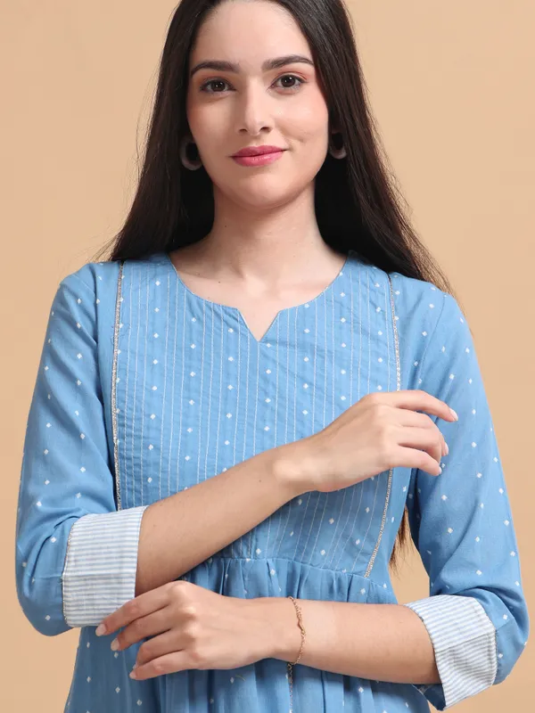 Blue_Dobby_Cotton_Kurta_With_Pintuck_Detailing_And_White_Striped_Pants_Set_For_Women