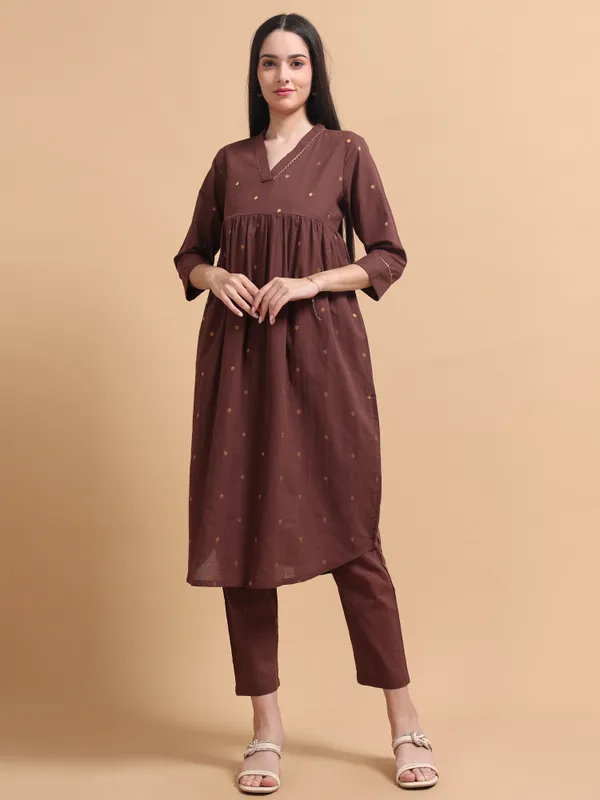 Brown_Embroidered_Knee-Length_Kurta_With_Pants_For_Women
