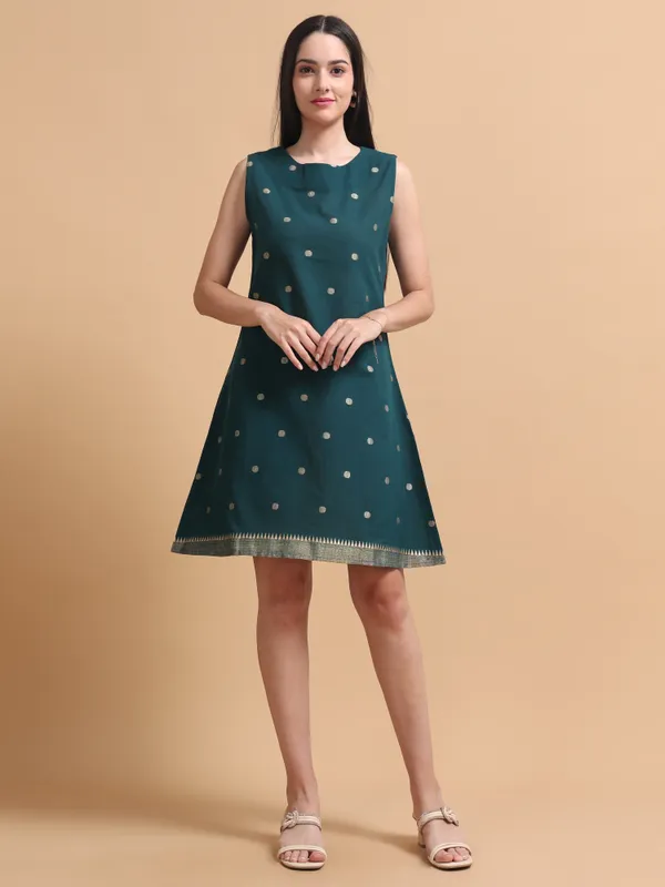 Dark_Green_Embroidered_Sleeveless_A-Line_Dress_With_Polka_Dot_Pattern_For_Women