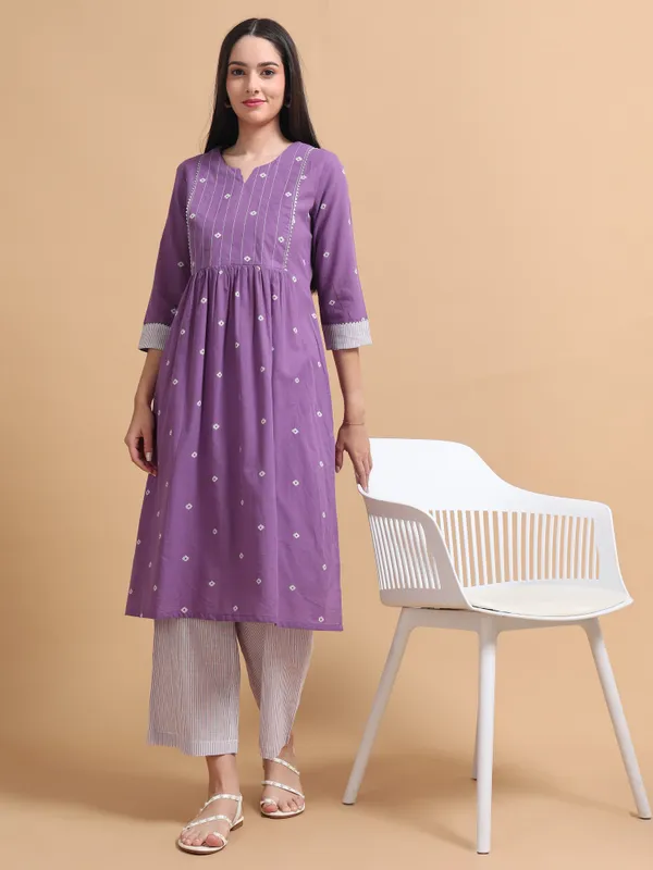 Purple_Embroidered_A-Line_Kurta_With_White_Striped_Palazzo_Set_For_Women