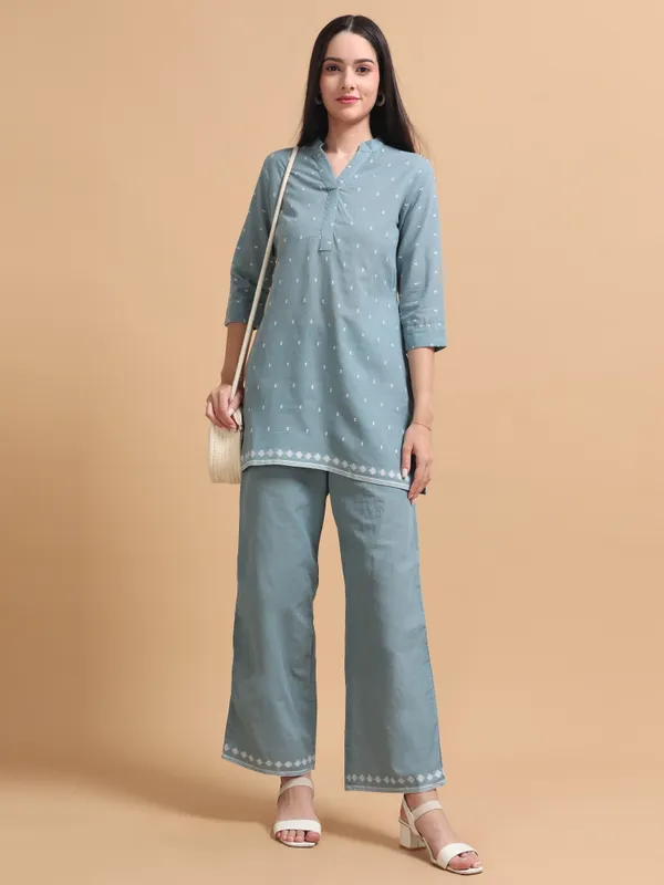 Sky_Blue_Embroidered_Co-Ord_Set_With_Mandarin_Collar_For_Women