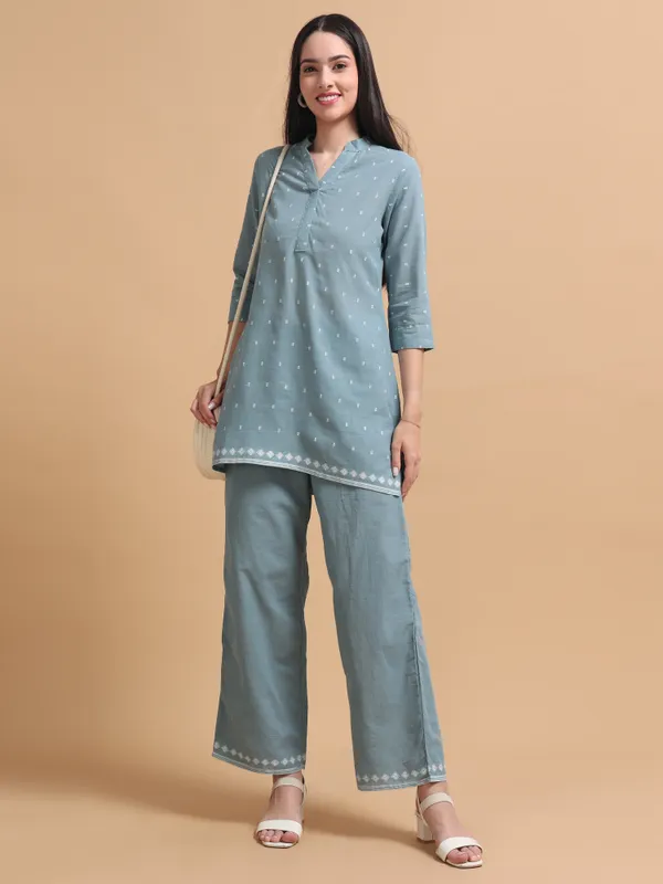 Sky_Blue_Embroidered_Co-Ord_Set_With_Mandarin_Collar_For_Women