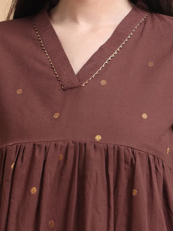 Brown_Embroidered_Knee-Length_Kurta_With_Pants_For_Women