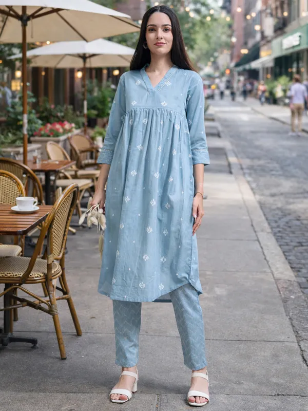 Light_Blue_Embroidered_Kurta_With_Pants_Set_For_Women