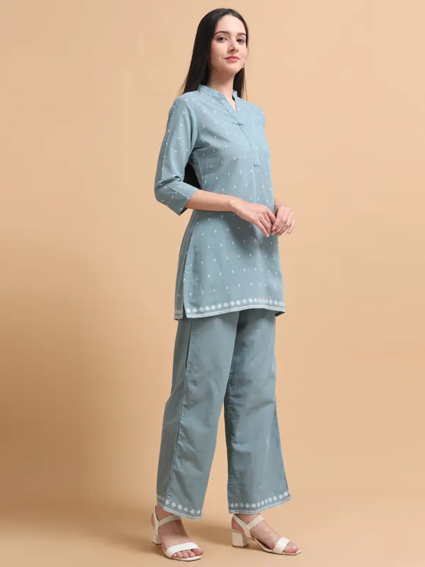 Sky_Blue_Embroidered_Co-Ord_Set_With_Mandarin_Collar_For_Women