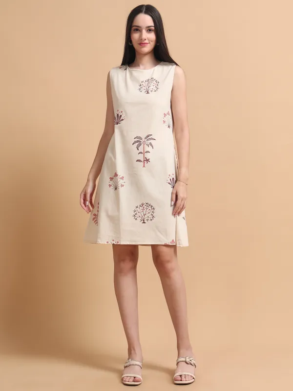 Cream_Floral_Embroidered_Sleeveless_A-Line_Dress_And_Dark_Green_Embroidered_Sleeveless_A-Line_Dress_For_Women