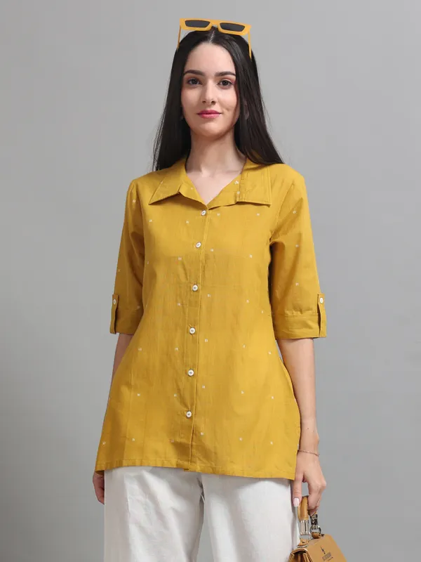 Green_Gingham_Check_Collared_Button-Down_Shirt_And_Mustard_Yellow_Collared_Shirt_For_Women_Pack_Of_2