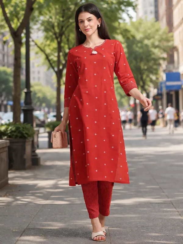 Red_Cotton_Kurti_With_Striped_Pants_Set_For_Women