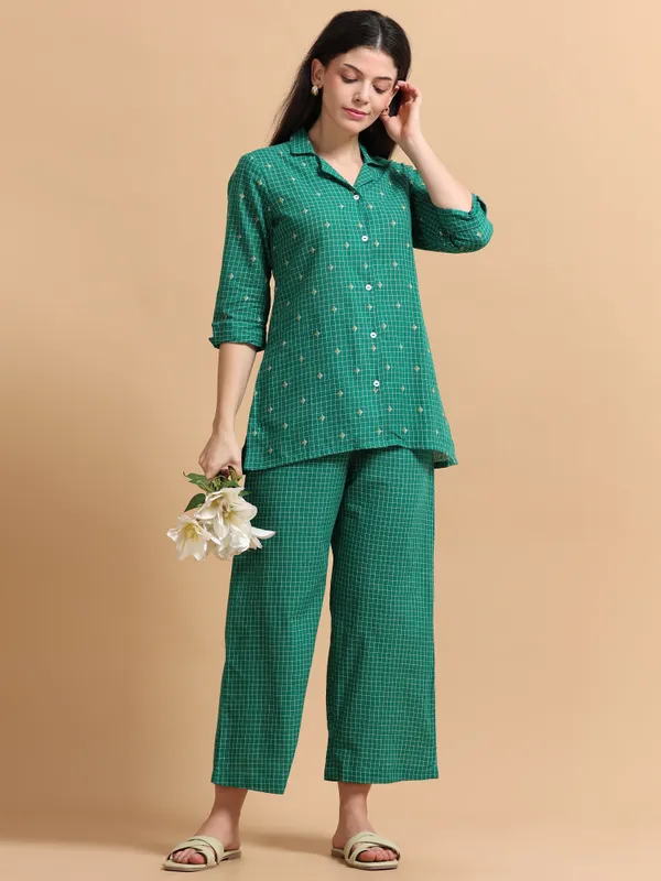 Green_Checkered_Co-Ord_Set_-_Shirt_And_Palazzo_Pants_For_Women
