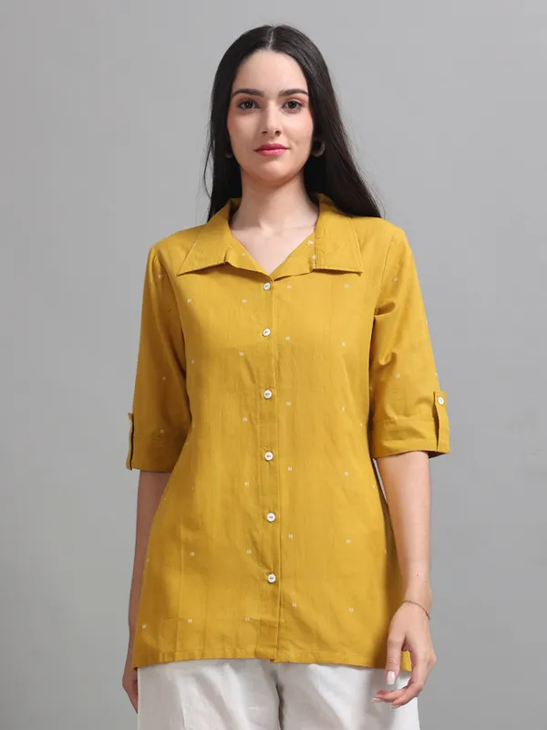 Mustard_Yellow_Collared_Shirt_With_White_Button_Detail_For_Women
