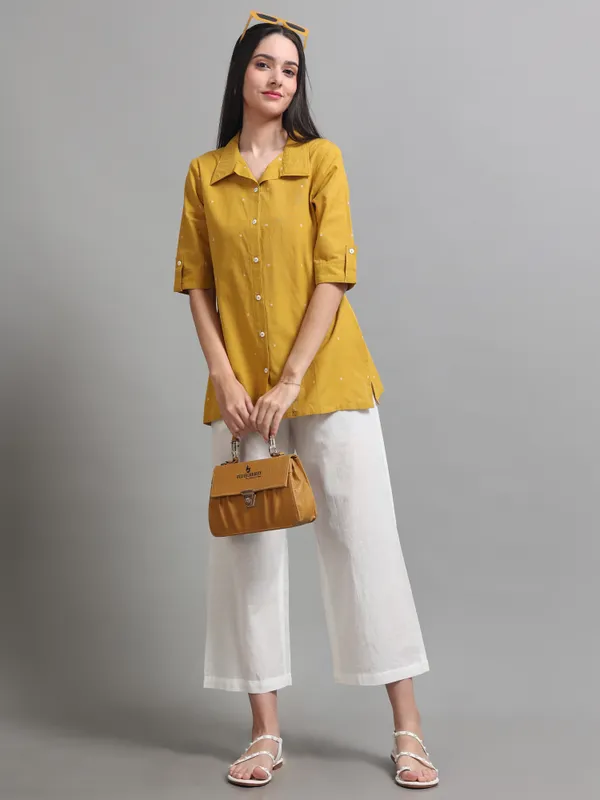 Mustard_Yellow_Collared_Shirt_With_White_Button_Detail_For_Women