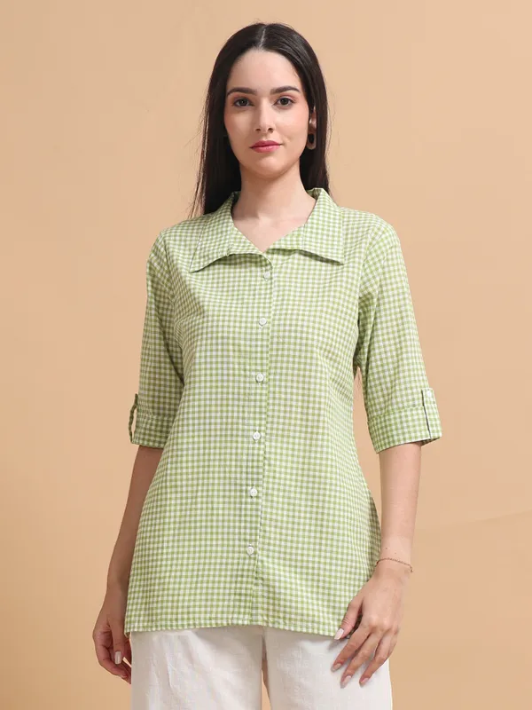 Green_Gingham_Check_Collared_Button-Down_Shirt_For_Women