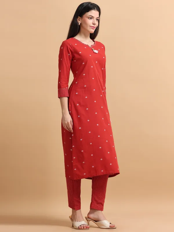Red_Cotton_Kurti_With_Striped_Pants_Set_For_Women
