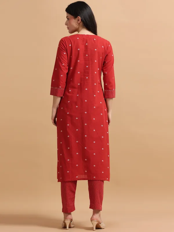 Red_Cotton_Kurti_With_Striped_Pants_Set_For_Women