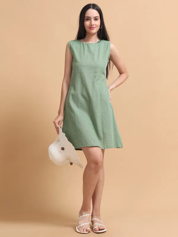 Sage_Green_Sleeveless_A-Line_Textured_Mini_Dress_For_Women