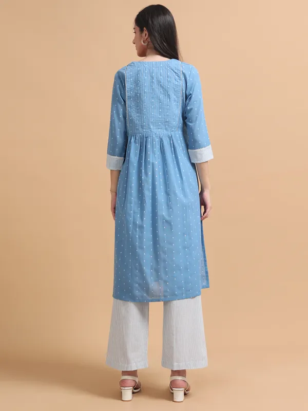 Blue_Dobby_Cotton_Kurta_With_Pintuck_Detailing_And_White_Striped_Pants_Set_For_Women