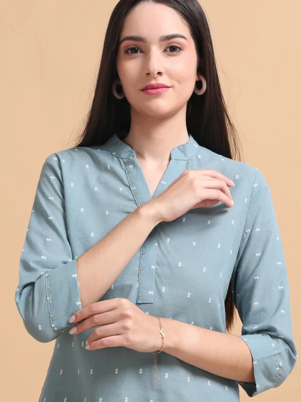 Sky_Blue_Embroidered_Co-Ord_Set_With_Mandarin_Collar_For_Women
