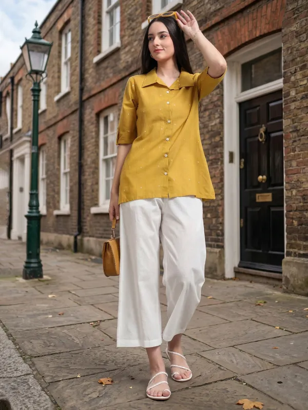 Green_Gingham_Check_Collared_Button-Down_Shirt_And_Mustard_Yellow_Collared_Shirt_For_Women_Pack_Of_2