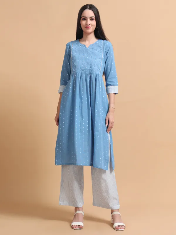 Blue_Dobby_Cotton_Kurta_With_Pintuck_Detailing_And_White_Striped_Pants_Set_For_Women