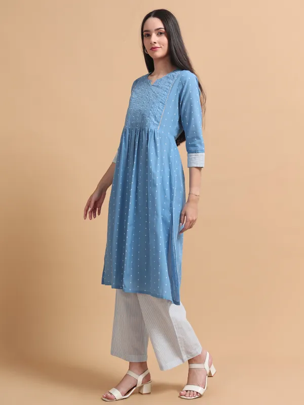 Blue_Dobby_Cotton_Kurta_With_Pintuck_Detailing_And_White_Striped_Pants_Set_For_Women