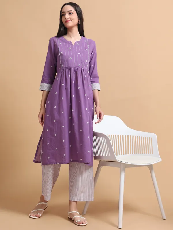 Purple_Embroidered_A-Line_Kurta_With_White_Striped_Palazzo_Set_For_Women