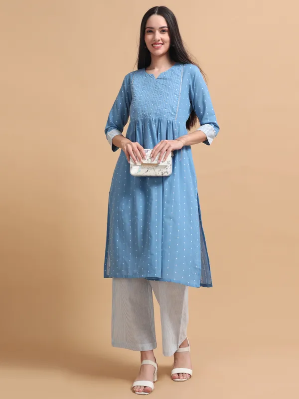 Blue_Dobby_Cotton_Kurta_With_Pintuck_Detailing_And_White_Striped_Pants_Set_For_Women